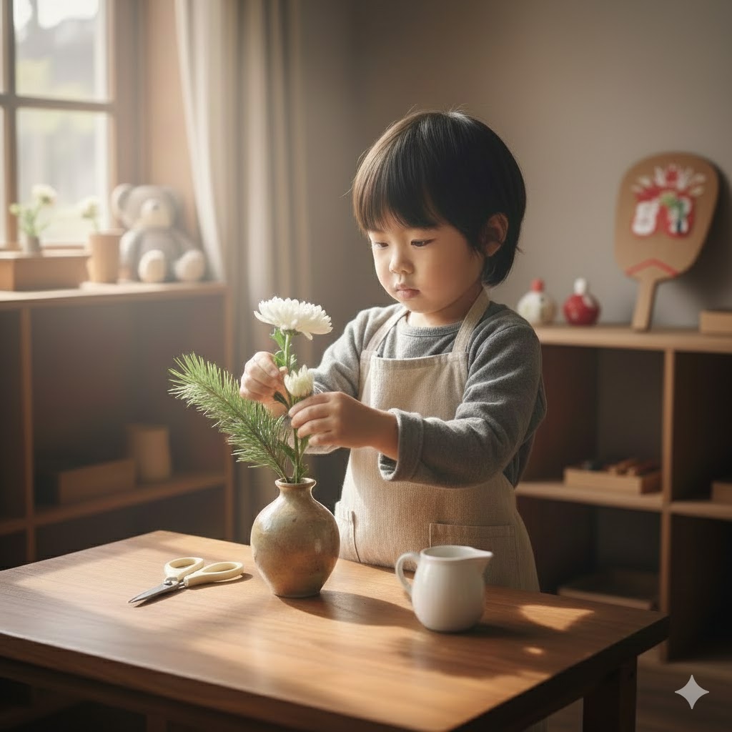 「お正月の花を活ける子供。小さな本物のハサミを使い、真剣な表情で茎の長さを調整しながら、花瓶とのバランスを考える様子」