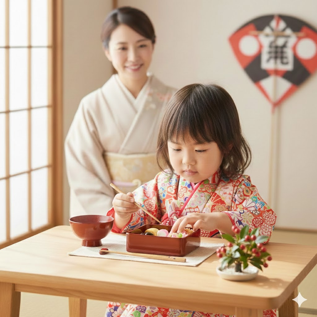 「お正月の準備でお重に黒豆を詰める子ども。背景には着物の女性と和風の凧があり、伝統的な食文化を体験しながら丁寧な手仕事に取り組む様子」