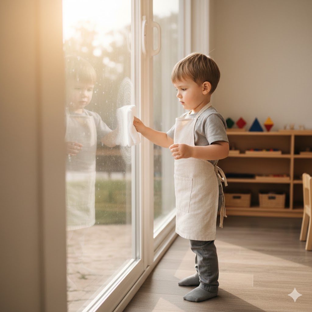 「冬休みに窓拭きのお手伝いをする男の子。子供サイズの道具を使い、真剣な表情でモンテッソーリ教育の実践に取り組む様子」