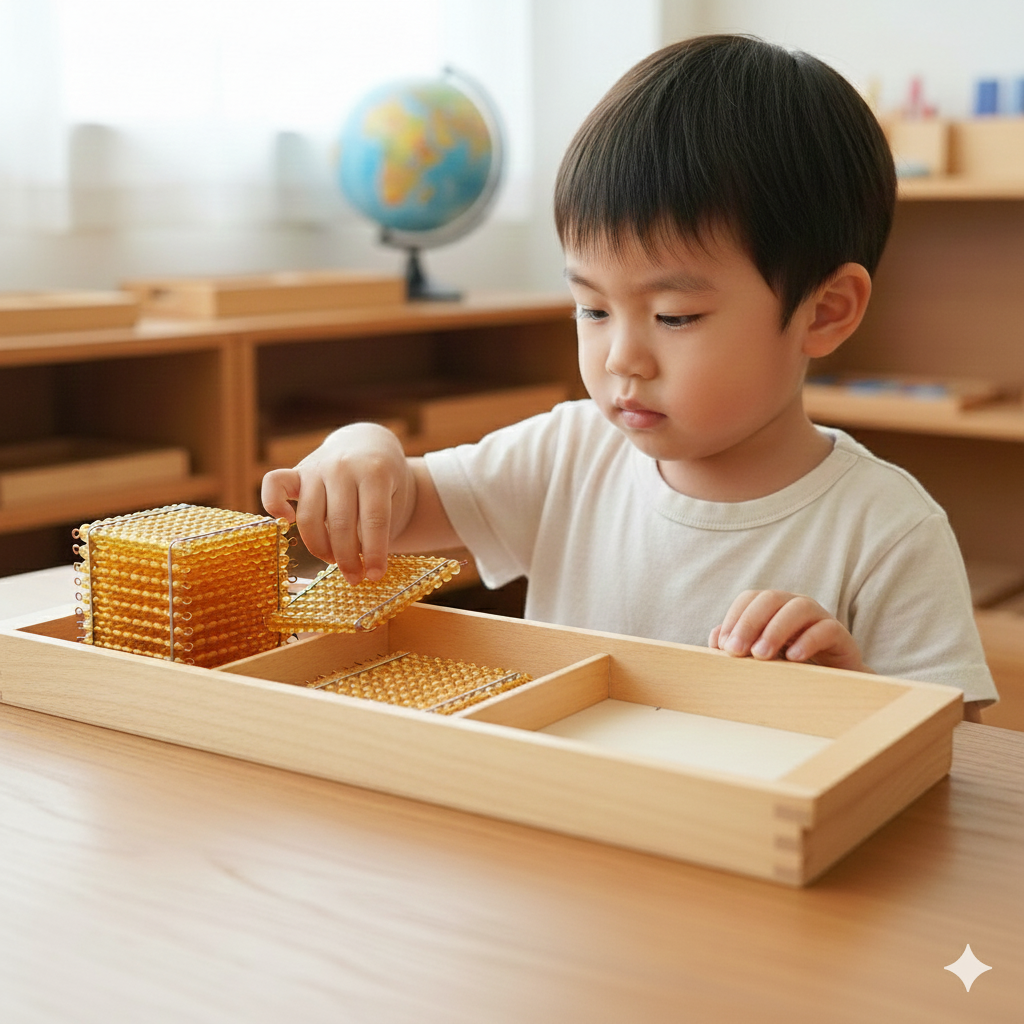 モンテッソーリ教育の算数教育で「千の位」の金ビーズを真剣に扱う4歳児の姿