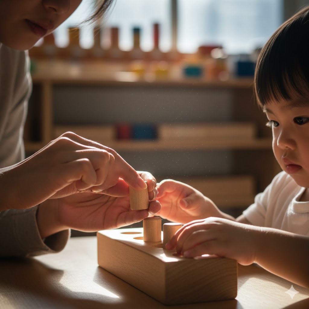木製の円柱さしに取り組む子供の手元と、それを傍らで穏やかに見守る大人の手。適切な環境づくりと信頼関係の構築。